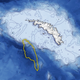 Topographic image showing the northern portion of iceberg A68a (yellow) drifting over the island’s shallow submarine shelf.